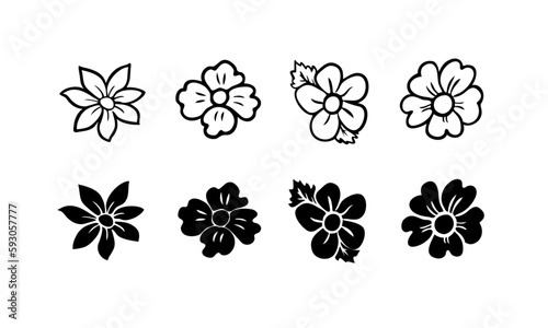Vectors illustrations of the set of differents flowers decorations on white background. Set of silhouettes and outlines of flowers.