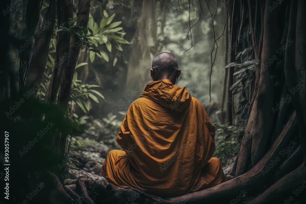 Rear view of a buddhist monk meditating in a forest. Generative Ai Rear view of a buddhist monk meditating in a forest. Generative Ai
