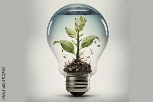 Light bulb with sprout growing inside, concept of green energy. Generative Ai