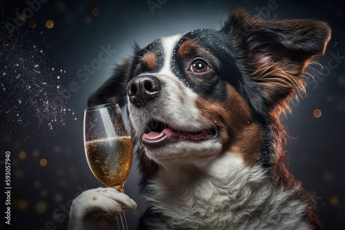 Funny dog holding a glass of champagne. Generative Ai photo