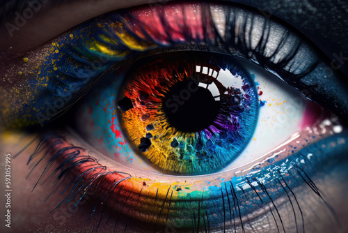 Close-up of colorful human eye. Generative Ai