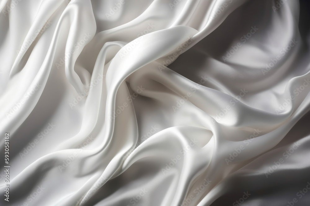 Fototapeta premium White satin silky cloth as a backdrop, with crease wavy folds of fabric. Copyspace. High quality generative ai