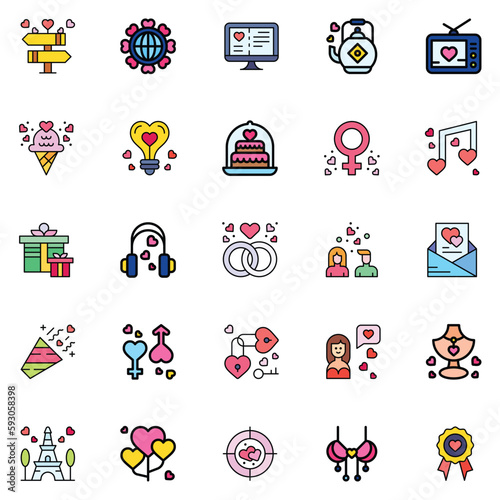 Valentine's Day Icons: teddy bear. letter. ring with a diamond. heart. rose. cupcake. strawberry in chocolate and gift. Vector illustration.