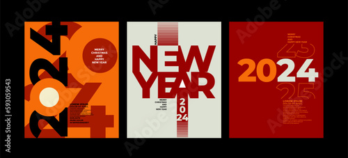 2024 Colorful set of Happy New Year posters. Abstract design with typography style. Vector logo 2024 for celebration and season decoration, backgrounds for branding, banner, cover, card and more.
