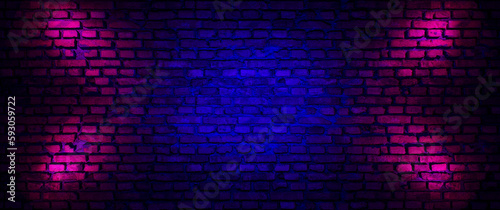Fototapeta Naklejka Na Ścianę i Meble -  Neon effects in a dark bricks wall background, 3d rendering