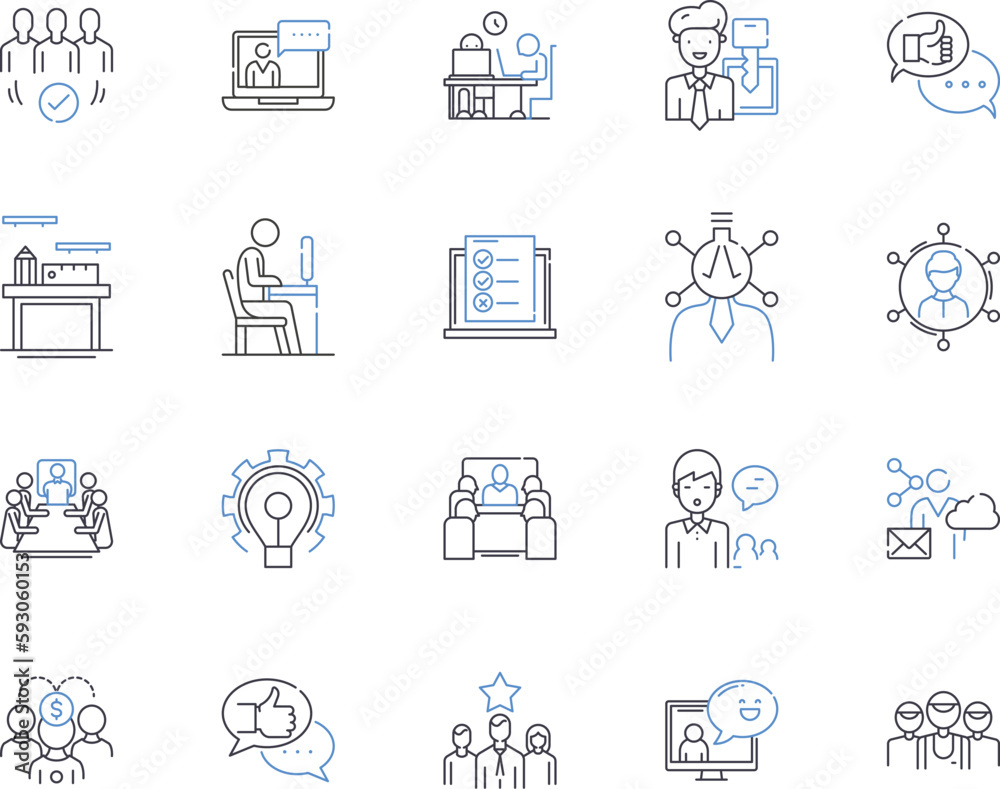 Employee development outline icons collection. Employee, Development, Training, Coaching, Learning, Management, Growth vector and illustration concept set. Motivation, Performance, Skills linear signs