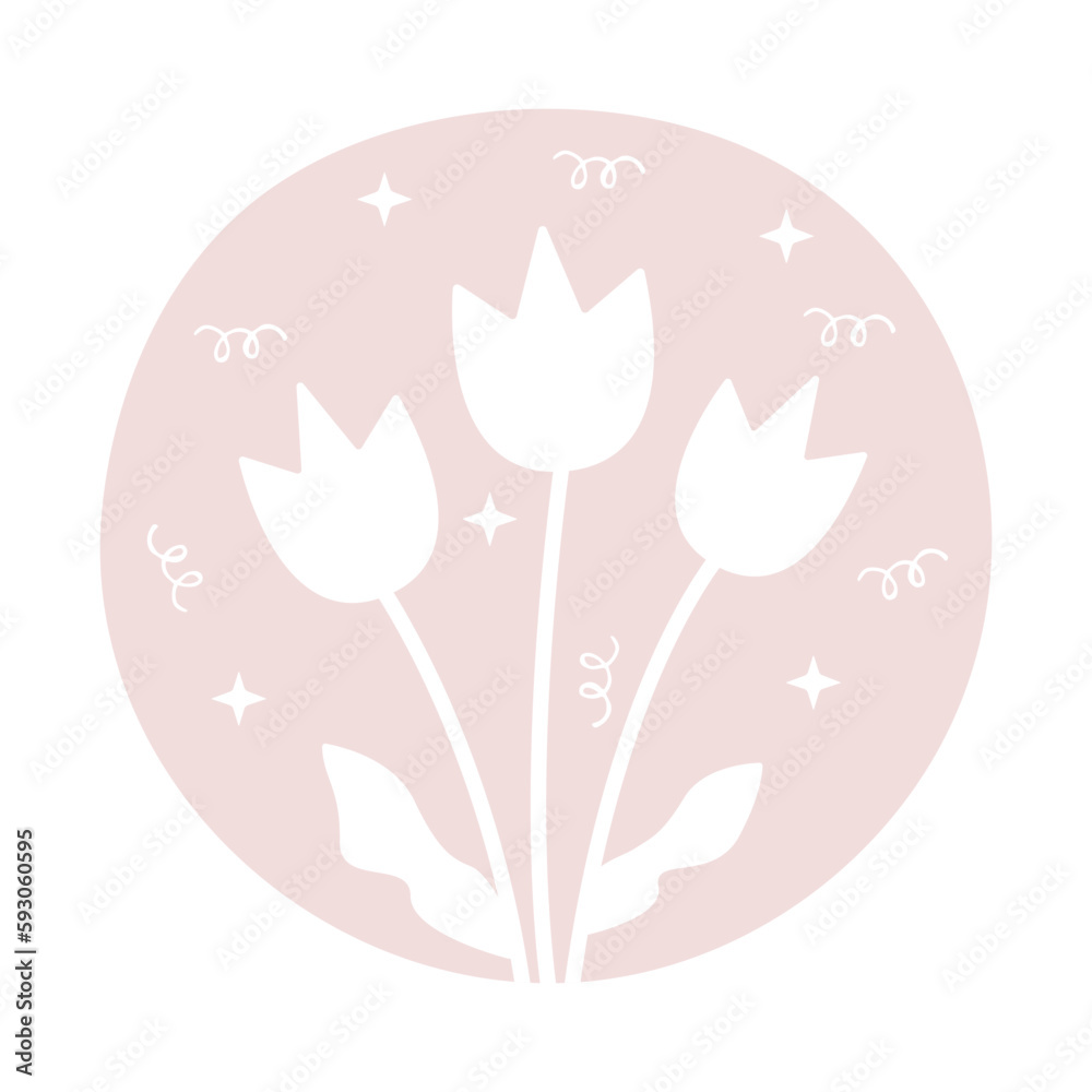 Three tulips with leaves in circle, light beige and white, piglet, peach color