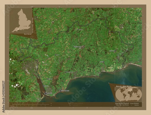 East Devon, England - Great Britain. Low-res satellite. Labelled points of cities photo