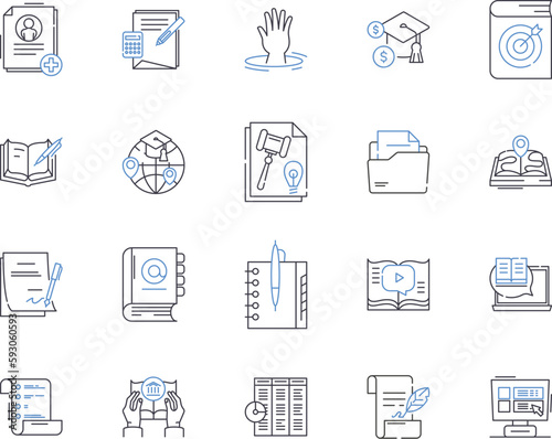 higher education outline icons collection. Universities, Colleges, Degrees, Graduate, Post-Graduate, Masters, Doctorate vector and illustration concept set. Research, Learning, Professors linear signs