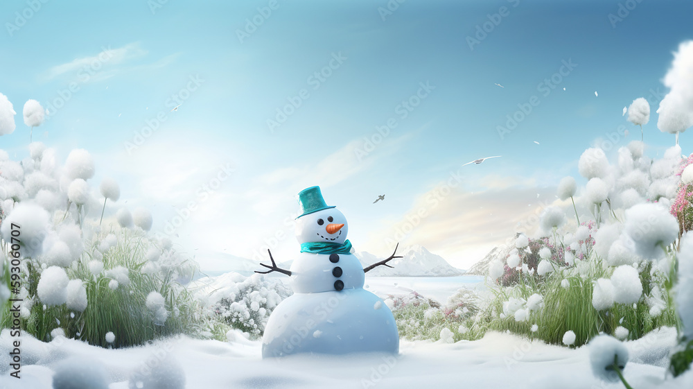 Obraz premium Panoramic view of happy snowman in winter scenery. Generative Ai