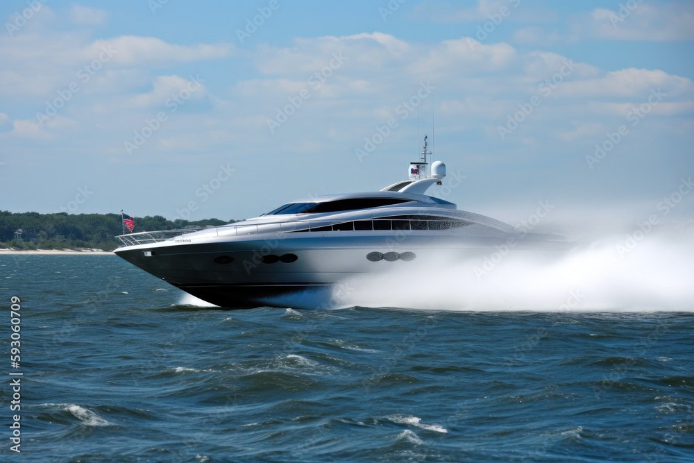 Fototapeta premium Sports boat or yacht going at high speed with rooster tail wake forming behind. Fresh spray and waves. High quality generative ai