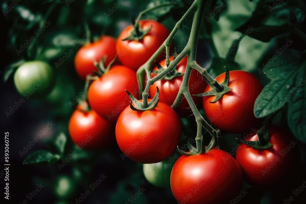 In a greenhouse, luscious red organic tomatoes. attractive heirloom tomatoes. Generative AI