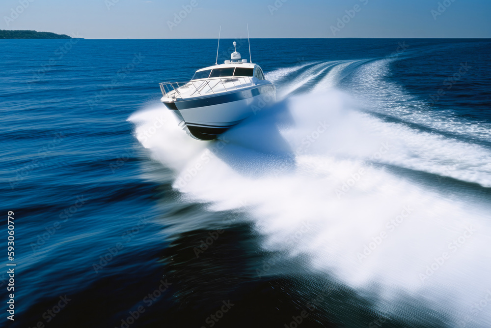 Fototapeta premium Sports boat or yacht going at high speed with rooster tail wake forming behind. Fresh spray and waves. High quality generative ai