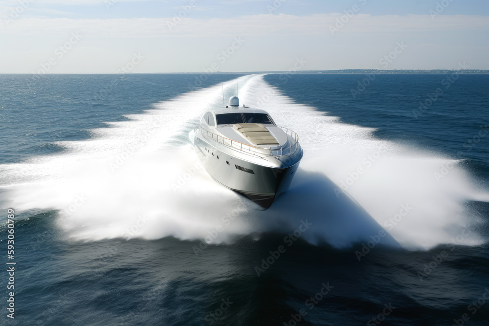 Fototapeta premium Sports boat or yacht going at high speed with rooster tail wake forming behind. Fresh spray and waves. High quality generative ai