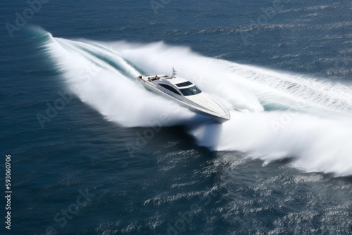Sports boat or yacht going at high speed with rooster tail wake forming behind. Fresh spray and waves. High quality generative ai © MVProductions