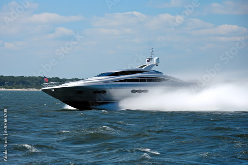 Sports boat or yacht going at high speed with rooster tail wake forming behind. Fresh spray and waves. High quality generative ai