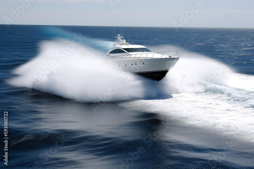Sports boat or yacht going at high speed with rooster tail wake forming behind. Fresh spray and waves. High quality generative ai