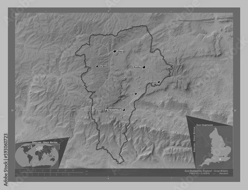 East Hampshire, England - Great Britain. Grayscale. Labelled points of cities photo