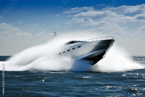 Sports boat or yacht going at high speed with rooster tail wake forming behind. Fresh spray and waves. High quality generative ai © MVProductions