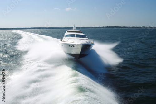 Sports boat or yacht going at high speed with rooster tail wake forming behind. Fresh spray and waves. High quality generative ai