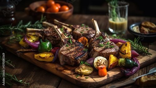 Delicious grilled marinated lamb chops and roasted vegetables from a summer BBQ on a wooden. Generative Ai