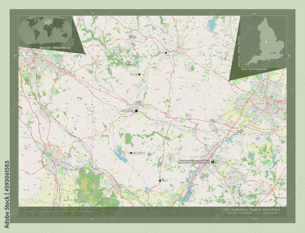 Fototapeta premium East Staffordshire, England - Great Britain. OSM. Labelled points of cities