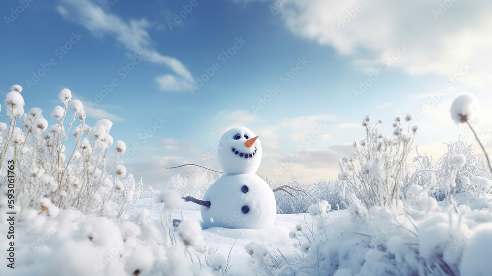 Obraz premium Panoramic view of happy snowman in winter scenery. Generative Ai