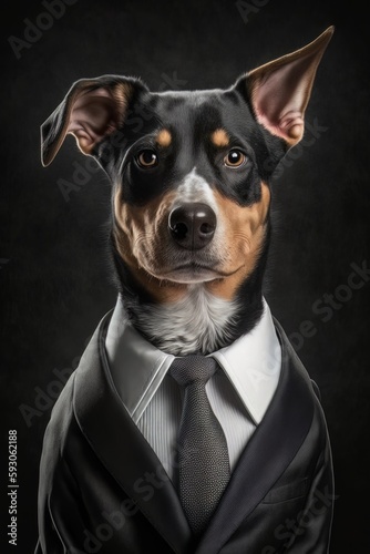 Portrait of a Dobermann dog dressed in a suit. Generative Ai © raquel