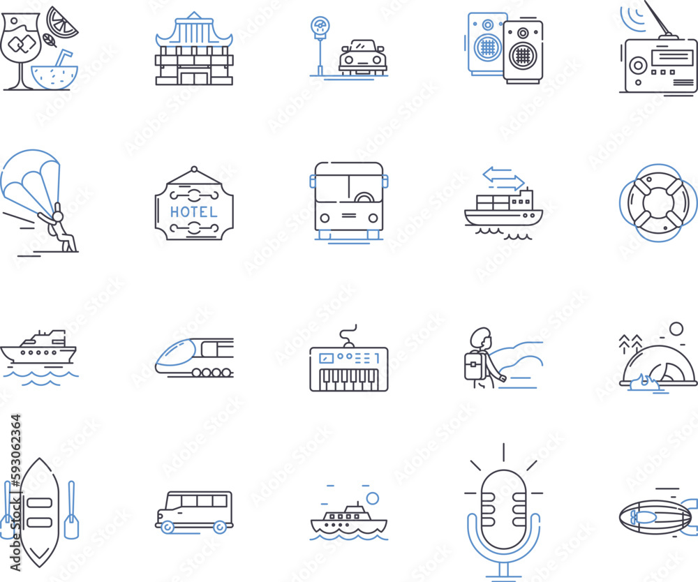 Travel and holidays outline icons collection. Holiday, Travel, Vacation, Trip, Sightseeing, Tour, Explore vector and illustration concept set. Adventure, Relax, Getaway linear signs Travel and holidays outline icons collection. Holiday, Travel, Vacation, Trip, Sightseeing, Tour, Explore vector and illustration concept set. Adventure, Relax, Getaway linear signs