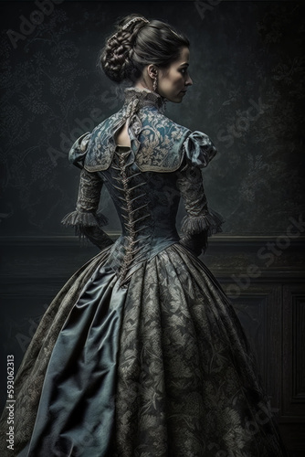 Illustration of woman with 20th century dress. Generative Ai