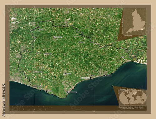 East Sussex, England - Great Britain. Low-res satellite. Labelled points of cities photo