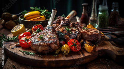 Delicious grilled marinated lamb chops and roasted vegetables from a summer BBQ on a wooden. Generative Ai