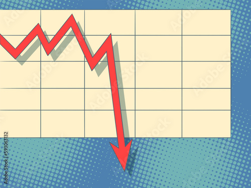 The crisis worsens the performance. The red graph is falling down. The collapse of prices, investments and stocks.Pop Art Retro photo