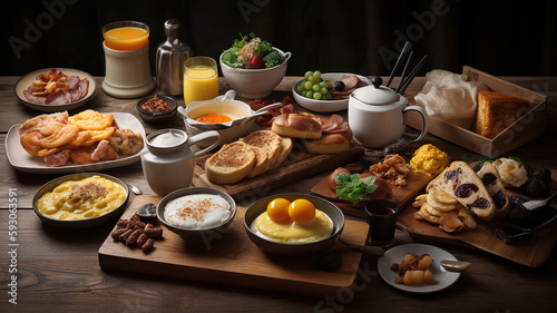 Western big gourmet breakfast selection mixed dishes. Generative Ai
