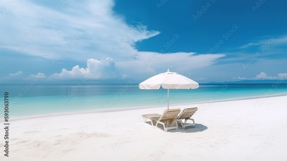 Playa con vistas al océano y silla con sombrilla - generative ia