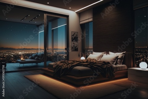 Luxurious penthouse bedroom at night. Generative Ai