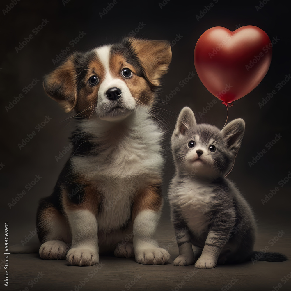 A baby dog and a cat with a heart-shaped balloon. Generative Ai