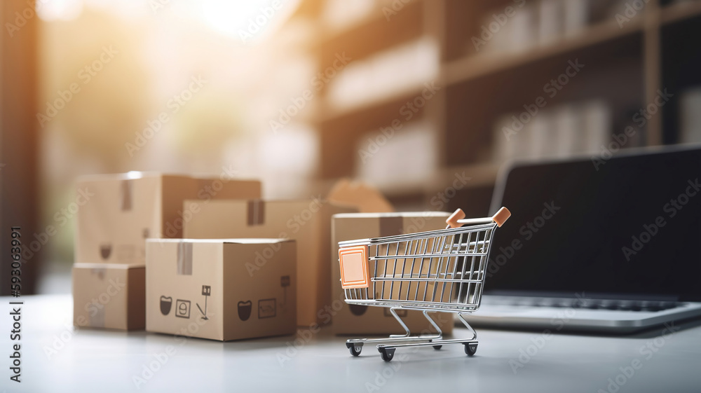 Product package boxes in cart with shopping bag and laptop computer with blurred web store shop on screen for online shopping. Generative Ai