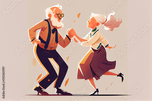 Illustration of happy dancing senior man and woman