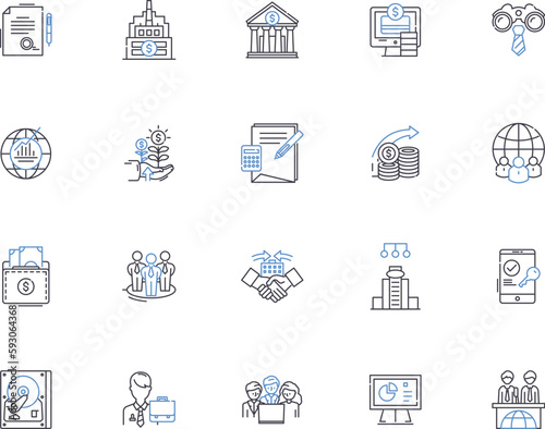 Bank outline icons collection. Loan, Savings, Mortgage, Investment, ATM, Credit, Banking vector and illustration concept set. Interest, Account, Debit linear signs