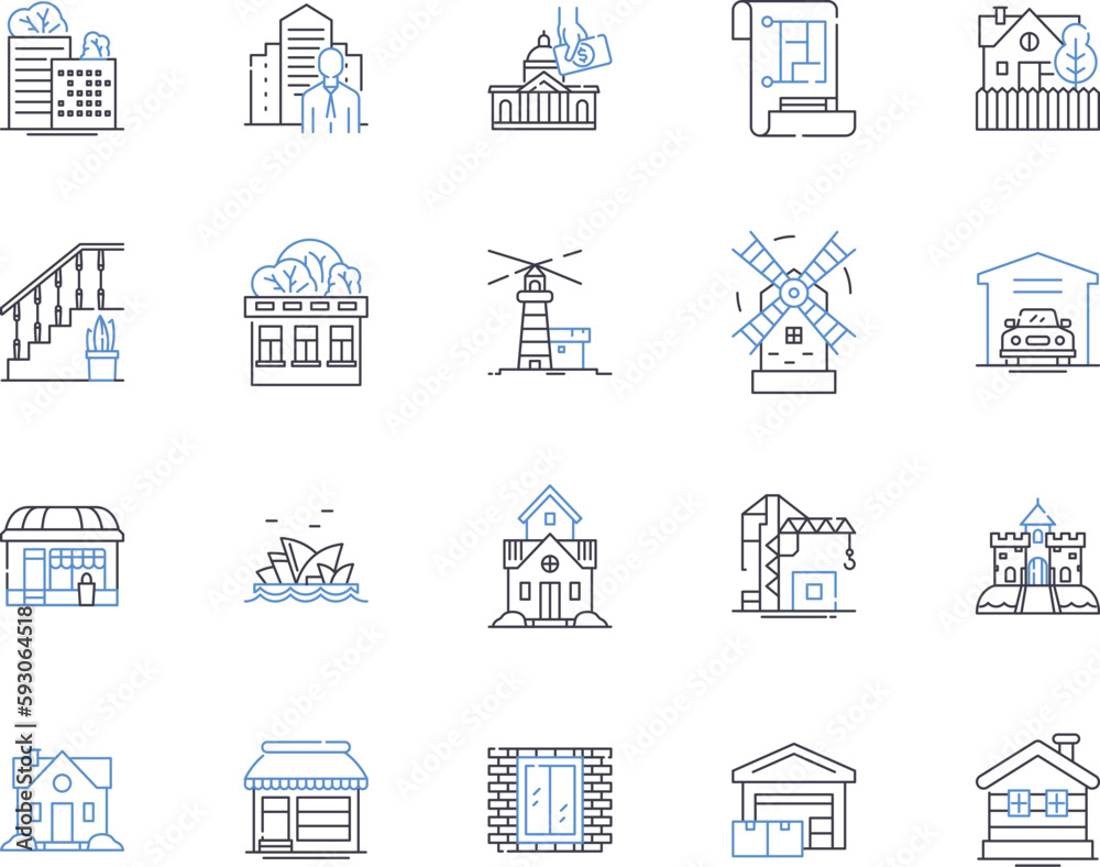 Realty and building outline icons collection. Realty, Building, Estate, Property, Land, Investment, Construction vector and illustration concept set. House, Home, Mortgage linear signs