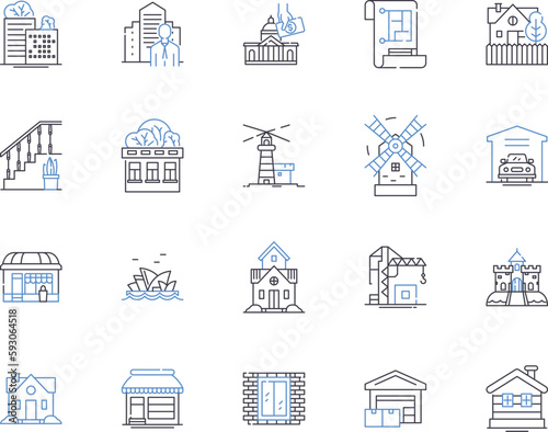 Realty and building outline icons collection. Realty, Building, Estate, Property, Land, Investment, Construction vector and illustration concept set. House, Home, Mortgage linear signs