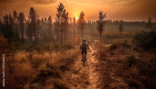 cyclist in the forest, sunset, beautiful sky. AI generated.