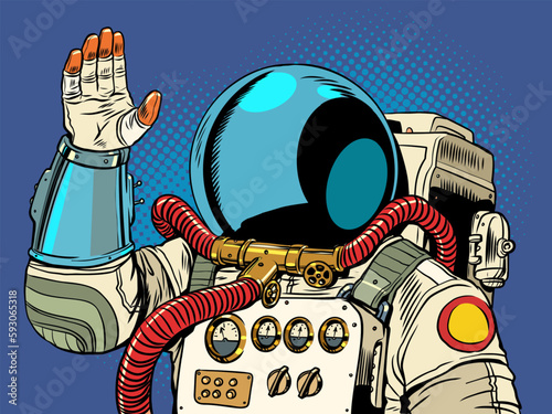 Space exploration is getting closer. The astronaut waves his hand. Intergalactic suit in all its glory. Pop Art Retro