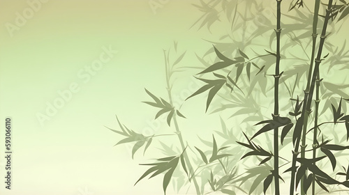 Bamboo branch silhouette on spring green background illustration. Generative ai.