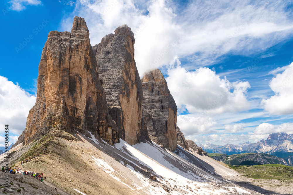 Tre Cime di Lavaredo in Italian Alps, Dolomites. Three famous mountain peaks in Dolomiti, Italy