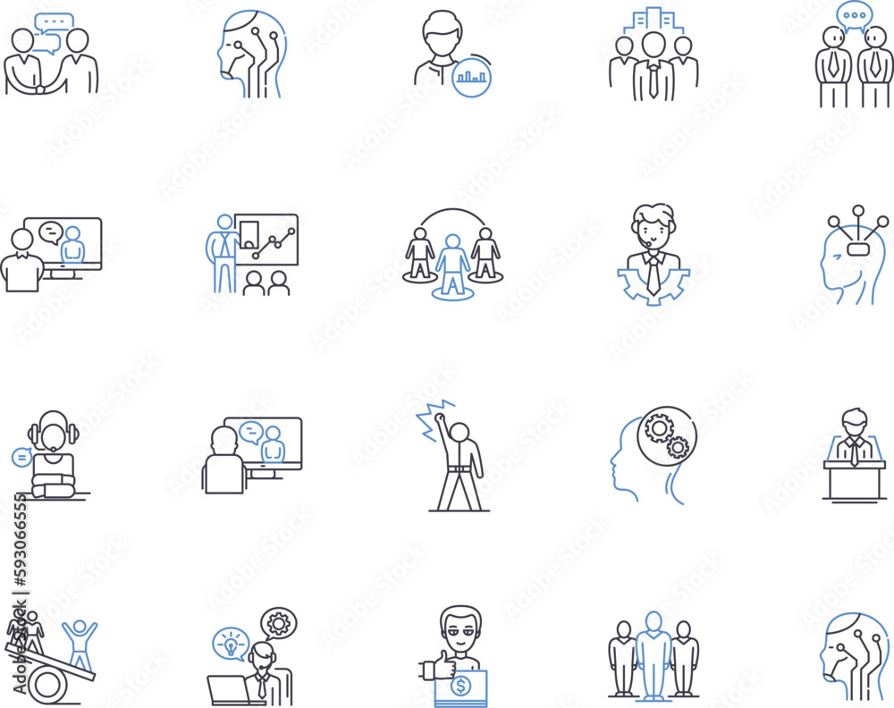 Broker outline icons collection. Broker, Negotiator, Facilitator, Intermediary, Mediator, Arbitrator, Counselor vector and illustration concept set. Agent, Trader, Facilitator linear signs