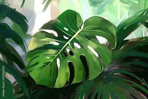 Leafy tropical monstera in an illustrative spring and summer scene. Generative AI
