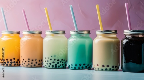 Glass jars of bubba tea with straws close up  photo