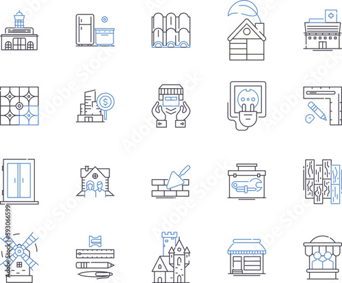 Houses and accomodation outline icons collection. Home, Accommodation, Residence, Abode, Lodging, Domicile, Dwelling vector and illustration concept set. Villa, Cottage, Mansion linear signs